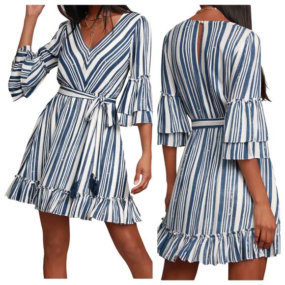 Lulus Cast Away Striped Blue and White Tassel Belted Skater Dress Women's Size M - Picture 1 of 12